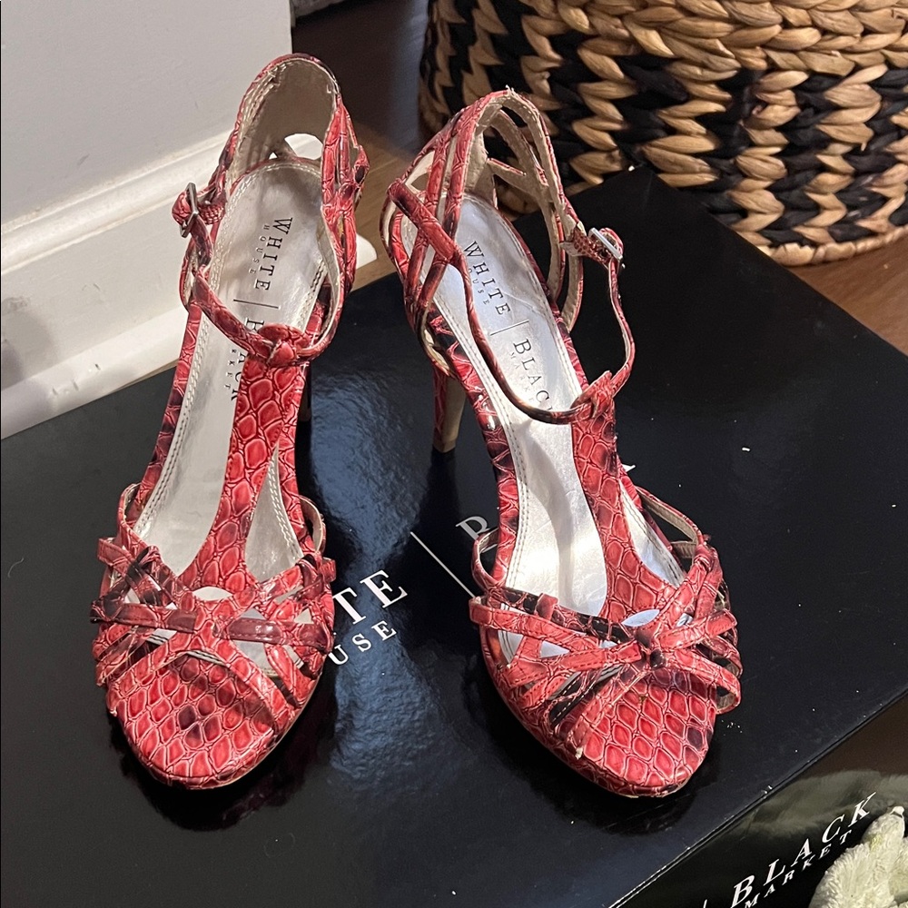 White House Black Market Snake-Embossed Strappy T-Strap Heels size 8